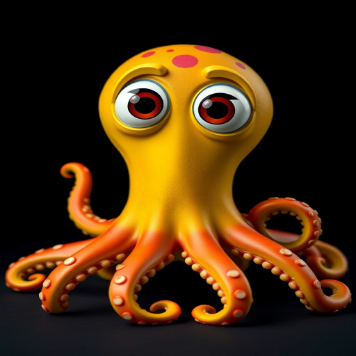 Create a cartoonish octopus character with vibrant colors, large expressive eyes, and whimsical features against a dark background, captured using a DSLR camera, f/4 aperture, ISO 100, 50mm lens, with soft studio lighting to enhance details and contrast.