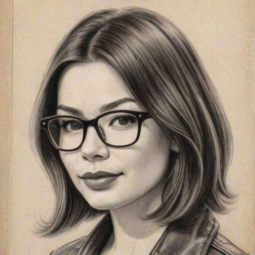 Ravishing Miranda Cosgrove, pencil sketch, portrait of Enticing woman 1929s in glasses, hair style beatnik, outline, clear lines, fine lines, 8k