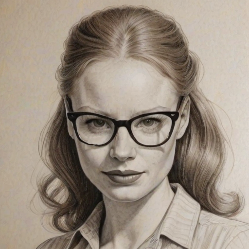 Resplendent Lauren Ambrose, pencil sketch, portrait of Enticing woman 1954s in glasses, hair style beatnik, outline, clear lines, fine lines, 8k
