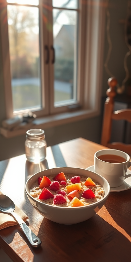 Warmly lit photo of a cozy breakfast nook, with a table set for a sunny morning, featuring a bowl of oatmeal topped with fruits, and a steaming cup of tea beside it.