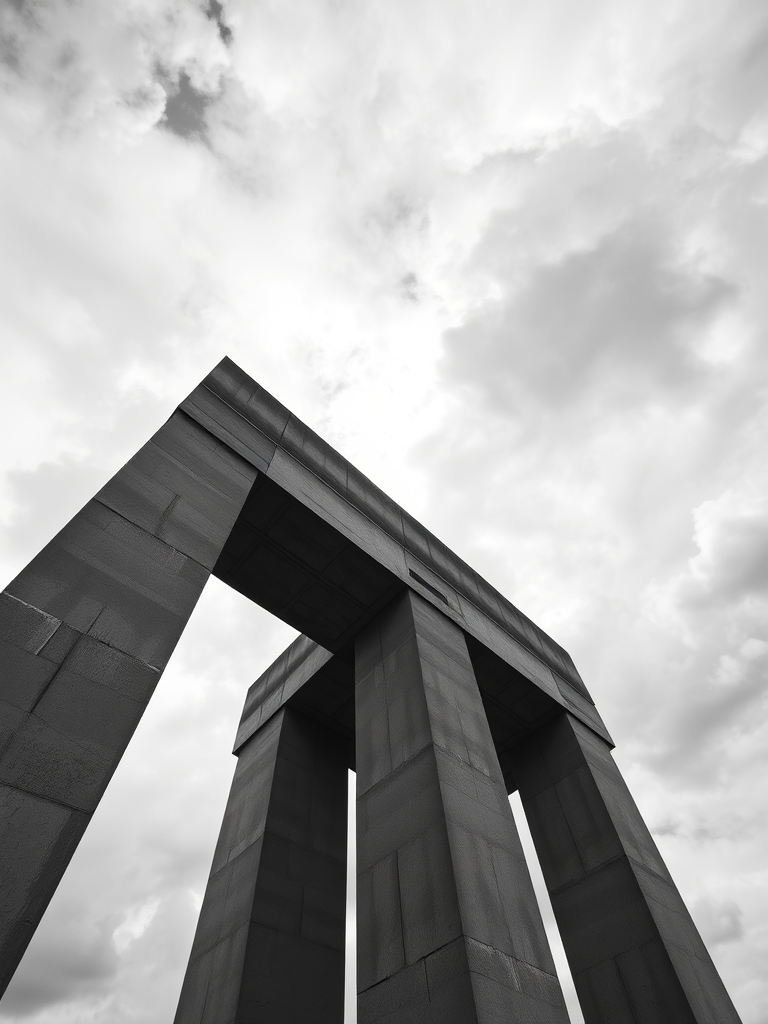 Capture a low-angle shot of a monolithic concrete structure against a dramatic cloudy sky, using a DSLR camera with a 24mm lens, aperture set to f/8, ISO 200, and a shutter speed of 1/250s to enhance contrast and texture in black and white.