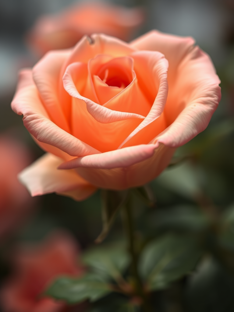 regenerate a close-up image of a blooming peach rose with a shallow depth of field, using a DSLR camera with a 50mm lens at f/1.8, ISO 100, and a soft natural light to enhance color vibrancy and detail.