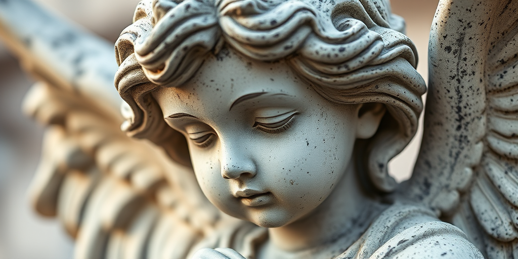Create a high-resolution close-up image of a weathered angel statue with intricate details, using a Canon EOS R5, 50mm lens, f/1.8 aperture, ISO 100, with soft natural lighting and a shallow depth of field to emphasize texture and depth.