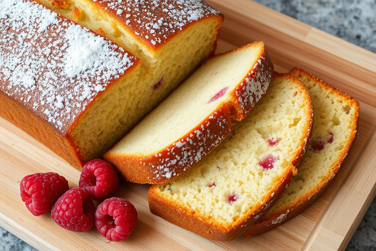 A freshly baked loaf of golden cake sliced into thick pieces with a smooth texture sprinkled with powdered sugar alongside fresh raspberries on a wooden cutting board.