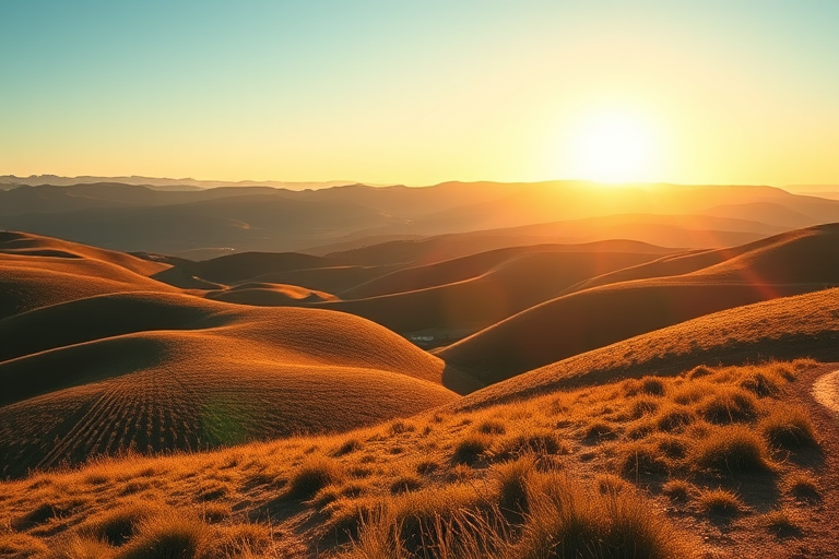 Generate an image of a serene landscape with rolling hills and a clear blue sky during golden hour, shot with a Canon EOS R5, 35mm lens, aperture f/2.8, shutter speed 1/250s, ISO 100, wide-angle view for enhanced depth.