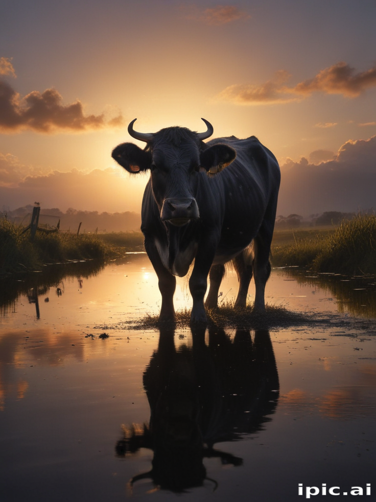 Serene Cow Silhouette Reflecting at Sunset Over Tranquil Waterscape.
