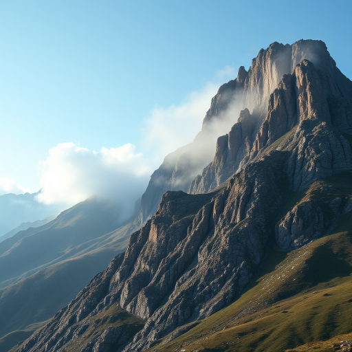 Generate a high-resolution image of a mountain landscape with a rocky ridge, partially shrouded in mist, using a DSLR camera with a 24mm lens, aperture f/8, ISO 100, and a shutter speed of 1/250s, in a wide-angle view to capture the depth and detail of the scene.