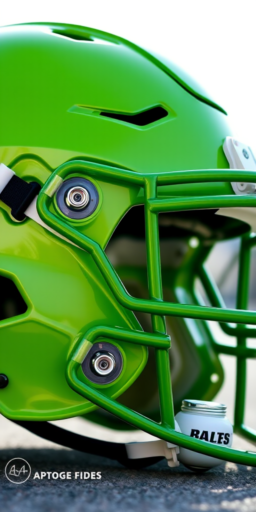 Create a high-resolution image of a glossy lime green football helmet, side view, using a DSLR camera with a 50mm lens, aperture f/1.8, ISO 100, natural lighting for enhanced reflections and details.