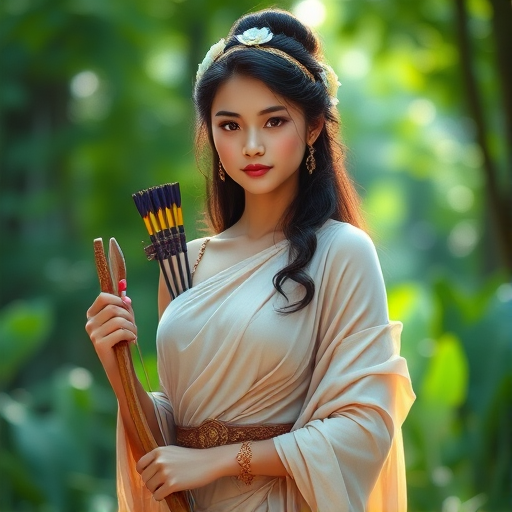 Create a portrait of a goddess-like Indonesian girl figure in a tranquil, forested environment. She has an elegant appearance with long, wavy hair styled in an updo and adorned with a delicate, floral headband. She wears a flowing, ancient Greek-inspired gown in a soft, pale color, featuring a one-shoulder design and draped fabric that accentuates her graceful form. The outfit includes a decorative belt with ornate gold detailing, and she holds a bow in her hand, with a quiver of arrows slung over her shoulder. The background depicts lush greenery, with sunlight filtering through the trees, casting a gentle, ethereal light on the scene. Her expression is calm and contemplative, embodying a sense of wisdom and serenity.