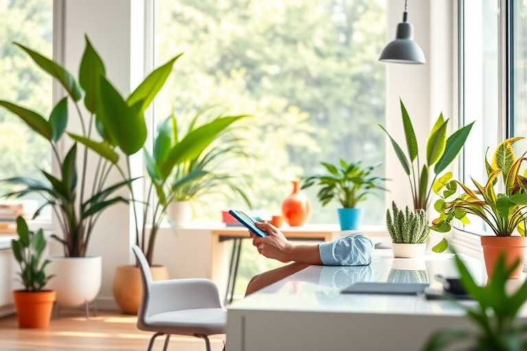 Create an illustration of a young man sitting at a modern desk in a bright, stylish room, using a tablet, with large windows letting in natural light, surrounded by indoor plants and colorful decor, shot with a Canon EOS R5, f/2.8 aperture, 50mm lens, soft focus background, vibrant colors.