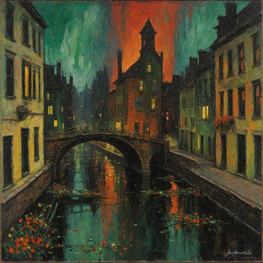 Misty Night, october. Half the frame is occupied by the wall of an old lonely towerhouse. Garlands of flowers hang from the windows. The rest of the frame is a view of the canal and bridge. Abstract expressionism, grunge impasto red orange, black, green intense oil colors on canvas. Jackson Pollock's, naive childish lines, microsplashes. Disturbing, depressive.