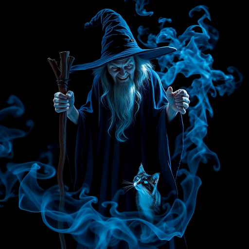 Close-up of a mysterious old crone female witch and her cat made of blue smoke are standing in the dark cackling evilly at the viewer. The smoke is a deep blue, and the background is black. The crone is wearing a long, flowing robe and has a pointed hat on her head. She is holding a staff in one hand and has a mischievous look on her face. The cat is sitting at her feet, looking up at her with glowing blue eyes. The smoke around them is swirling and shifting, as if it has a life of its own. The overall effect is eerie and magical.