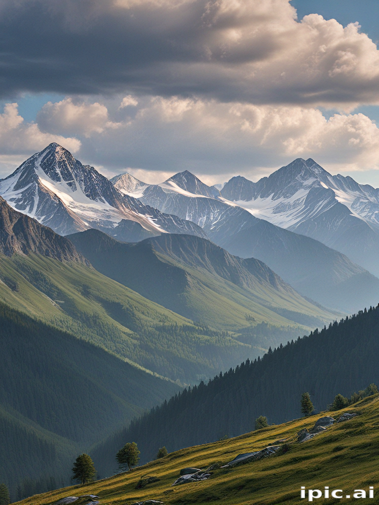 Majestic Mountain Range Under Dramatic Cloudy Sky and Lush Green Valleys
