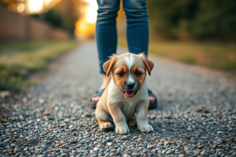 a playful puppy sitting on a gravel path with a person standing above it, wearing denim jeans and clogs, shallow depth of field, soft natural lighting, 50mm lens, f/1.8 aperture, ISO 200, 1/200s shutter speed, outdoor setting at golden hour