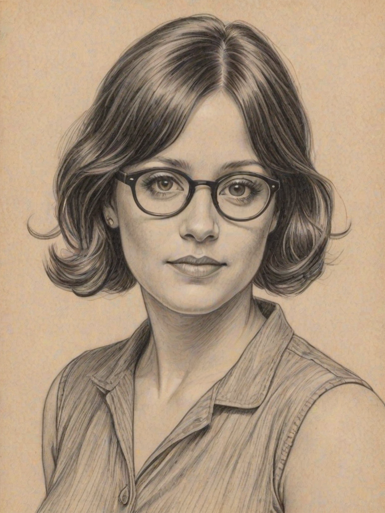 Ravishing Kimberly McCullough, pencil sketch, portrait of Captivating woman 1931s in glasses, hair style beatnik, outline, clear lines, fine lines, 8k