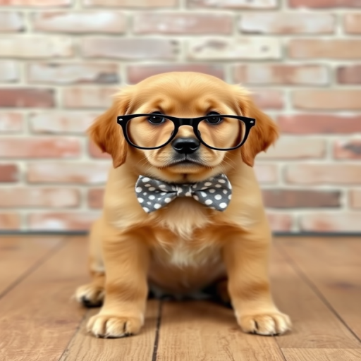 A golden retriever puppy wearing large glasses and a bow tie sitting in front of a brick wall with a wooden floor.