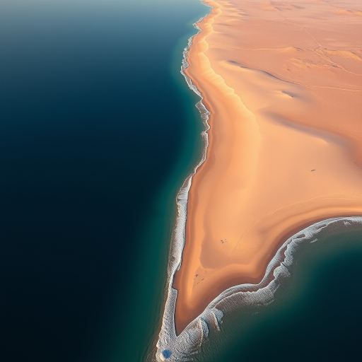capture a high-resolution aerial view of the Dead Sea shoreline during midday with a Canon EOS 5D Mark IV, using a 24mm lens, aperture at f/8, ISO 100, and shutter speed of 1/250 sec to highlight the contrast between the sand and the water's edge
