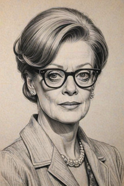 Attractive Maggie Smith, pencil sketch, portrait of Charming woman 1962s in glasses, hair style beatnik, outline, clear lines, fine lines, 8k
