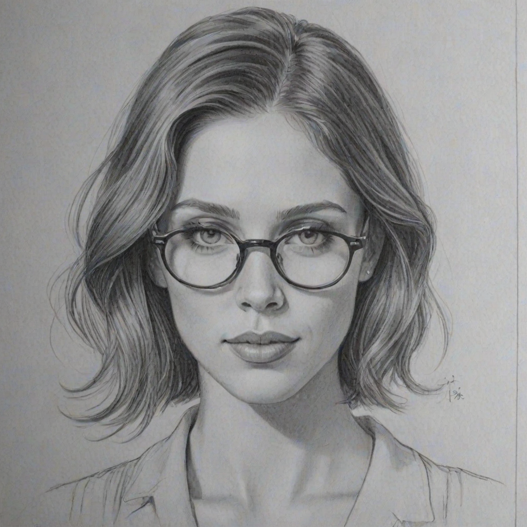Delightful Kayla Ewell, pencil sketch, portrait of Stunning woman 1931s in glasses, hair style beatnik, outline, clear lines, fine lines, 8k