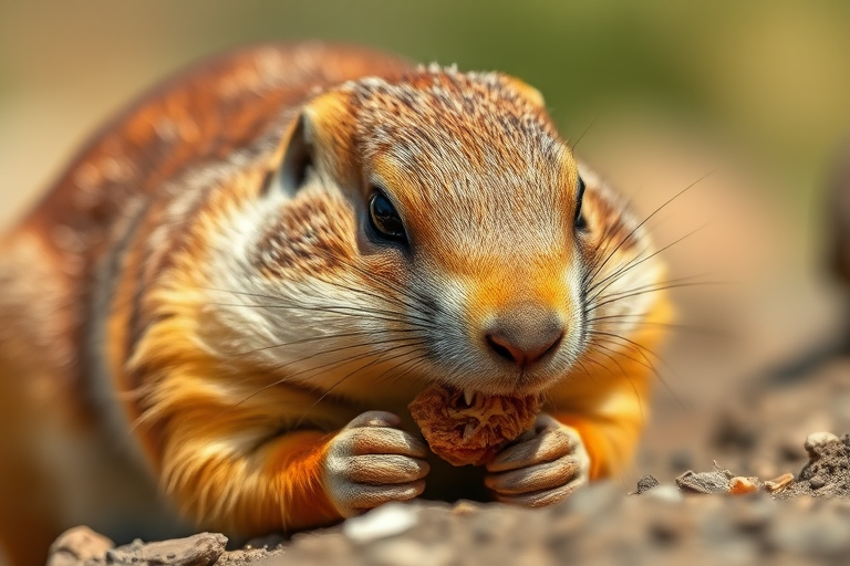 A close-up shot of a prairie dog eating, with a shallow depth of field, ISO 200, f/2.8 aperture, 50mm lens, natural lighting, soft focus background.