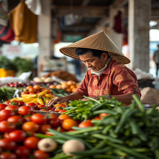 regenerate an image of a market scene featuring a vendor in a conical hat efficiently sorting through fresh vegetables, captured with a Canon EOS R5, 50mm lens, f/1.8, ISO 100, in natural light, with a shallow depth of field for a blurred background effect