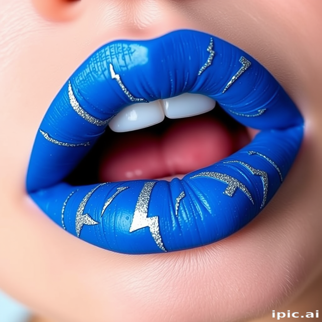 Electric blue lips with lightning bolt patterns in silver, named "Thunderstruck," make a dramatic statement with a matte finish and subtle glitter for edgy music festivals
