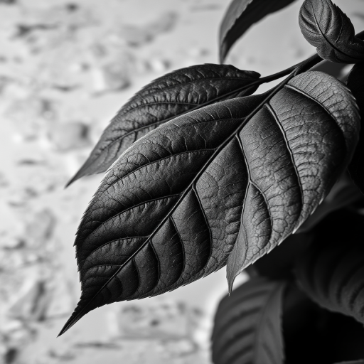Create a high-resolution monochromatic image of textured leaves against a distressed background, focus on intricate leaf veins, use a DSLR camera with a 50mm lens, aperture f/2.8, ISO 100, and a soft light style for enhanced detail and clarity.