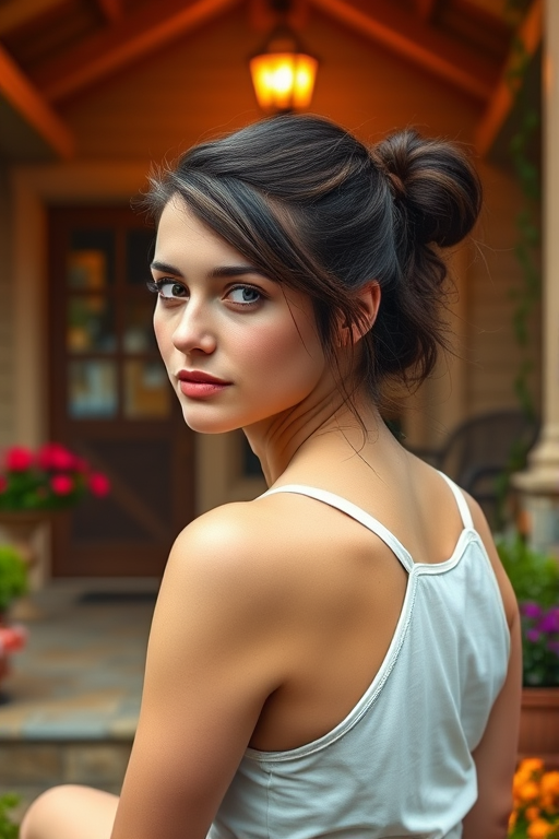 A photo of Kristen Stewart with a background of a cozy porch. She has dark hair pulled back in an updo, with tendrils framing her face. She wears a white tank top and sits on the porch. The porch is part of a well-lit home with a warm, earthy tone and colorful flowers and foliage. The overall scene has a warm, welcoming, and comfortable ambiance.