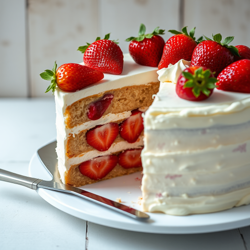 Generate an image of a beautifully layered cake with fresh strawberries on top. The cake should have a light, fluffy texture and be decorated with whipped cream. A slice should be cut out to reveal the layers and strawberries inside. The setting should have a clean, rustic background with a silver serving knife beside the cake.
