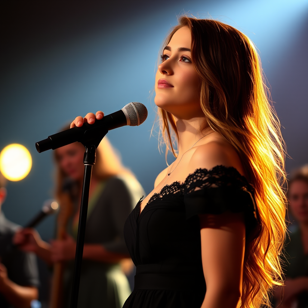 A young woman with long, flowing brown hair is standing in the center of the frame, holding a microphone in her right hand, and looking slightly off to the right side of the frame. She is wearing a black, off-the-shoulder dress with delicate lace detailing. The lighting is warm and dramatic, creating a spotlight effect on the singer. There are other figures in the background, blurred and out of focus, suggesting a concert or performance setting. The camera angle is low, capturing the woman from the waist up. The overall atmosphere is intimate and captivating.