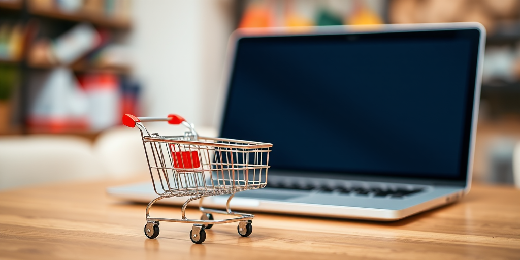 Create a detailed image of a small shopping cart on a wooden table in front of a blurred laptop screen, with colorful shopping bags in the background, using a DSLR camera at f/2.8 for shallow depth of field, 50mm lens, ISO 100, 1/60s shutter speed to enhance clarity and vibrancy.