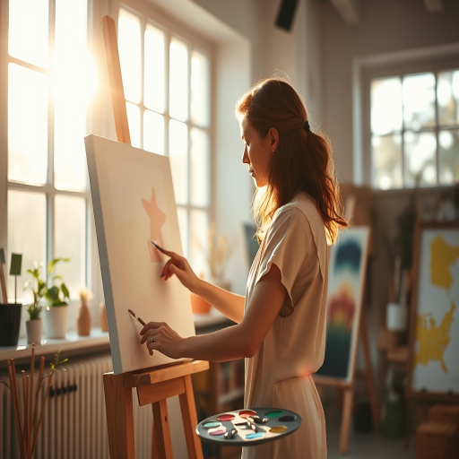Soft-focus image of a woman painting on a canvas in a sunlit studio, her colorful palette beside her, with sunlight streaming through large windows, creating a warm and creative atmosphere.