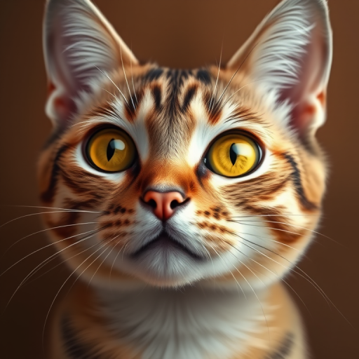 Create a digital painting of a cat with striking yellow eyes and a soft fur texture, using a close-up view with a Canon EOS R5, aperture f/2.8, ISO 100, and a 50mm lens to enhance detail and quality against a warm brown background.