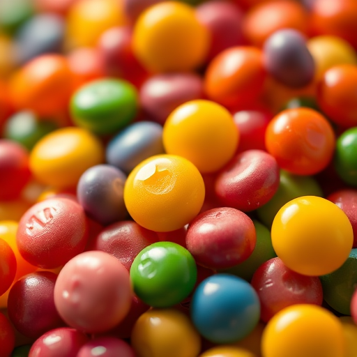 vibrant close-up of colorful candies arranged artistically, shallow depth of field, soft natural lighting, macro lens, aperture f/2.8, ISO 100, 50mm lens, DSLR camera