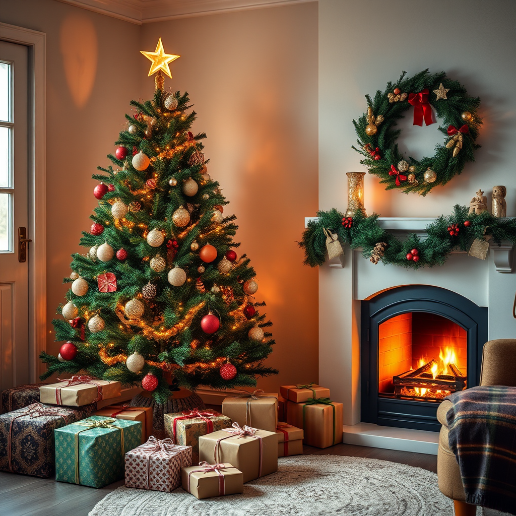 Create a cozy interior scene featuring a beautifully decorated Christmas tree with a star on top, surrounded by wrapped gifts, a warm fireplace with a crackling fire, and a festive wreath on the wall, shot with a DSLR camera at f/2.8, ISO 100, 24mm lens, natural light, with a warm color palette and soft shadows for an inviting atmosphere.