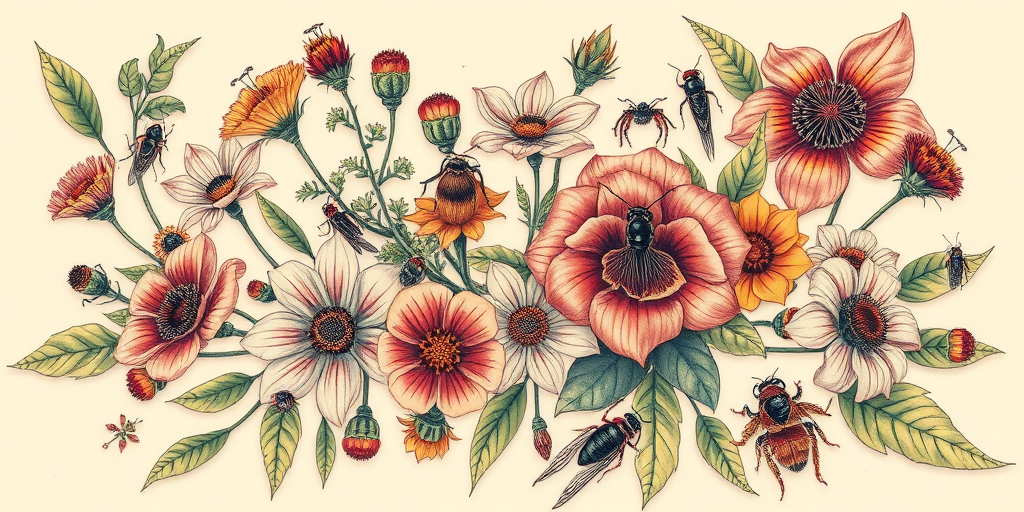 Botanical tattoo named "Wild Garden Symphony" featuring a variety of realistic flowers, leaves, and insects arranged in a harmonious composition, showcasing meticulous attention to natural details
