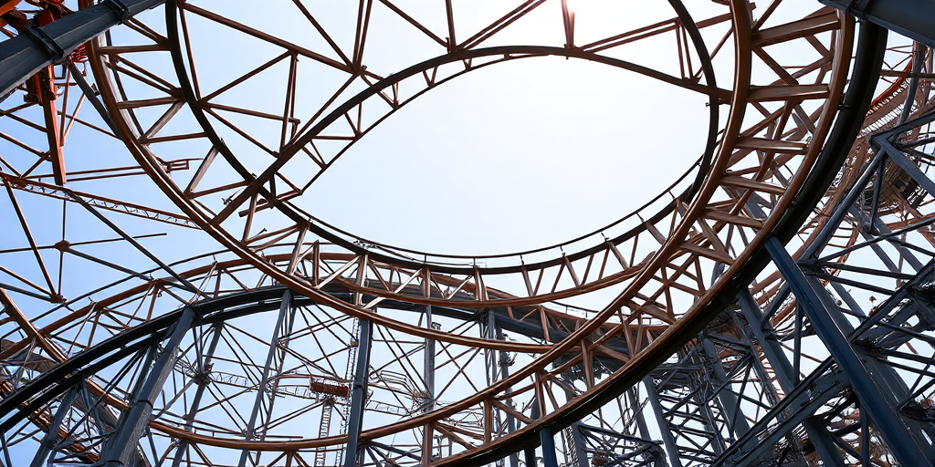High-resolution image of an abstract roller coaster structure with intricate metal beams and tracks, photographed with a Canon EOS R5, 50mm lens, f/8 aperture, ISO 100, shot during midday for optimal lighting, capturing a dynamic angle to emphasize the curves and details of the framework.