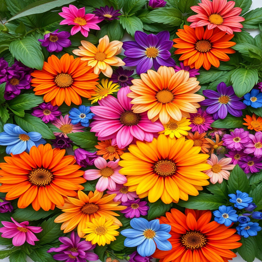 Create a vibrant floral pattern with a variety of flowers in purple, orange, yellow, pink, and blue surrounded by lush green leaves, using a Canon EOS R5 with a 50mm f/1.2 lens, aperture set to f/4, ISO 100, shot from a top-down perspective for a flat lay style.