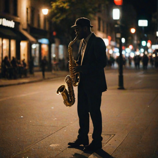 Blurry, candid shot of a street performer playing a saxophone on a busy corner, soft glow from nearby streetlights illuminating their silhouette, distant pedestrians walking by, and the sound of jazz music filling the night air.