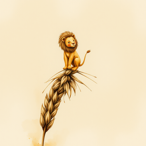 Soft, muted Alcohol Ink with ebru effect background image of tiny whimsical lion, who climbed high on the top of a golden rye ear.