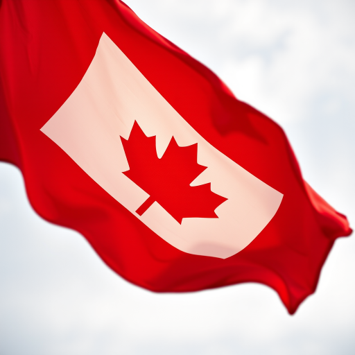 Create a high-resolution digital image of a waving Canadian flag, using a DSLR camera with a 50mm lens at f/2.8, ISO 100, and a shutter speed of 1/500s, capturing a dynamic view from a low angle to emphasize the flag's movement, with a soft focus background to enhance clarity.