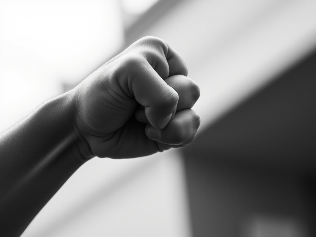 A raised fist in a powerful pose, high contrast black and white, shot with a DSLR camera, aperture f/2.8, shutter speed 1/125s, ISO 100, focus on details, natural lighting, close-up view.