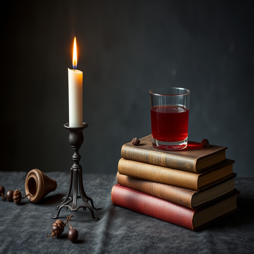 still life arrangement featuring a lit candle on a holder, a glass of red liquid, stacked vintage books, arranged on a textured surface with a moody background, shot with a DSLR camera at f/4 aperture, 50mm lens, ISO 100, soft natural lighting for enhanced detail and depth.