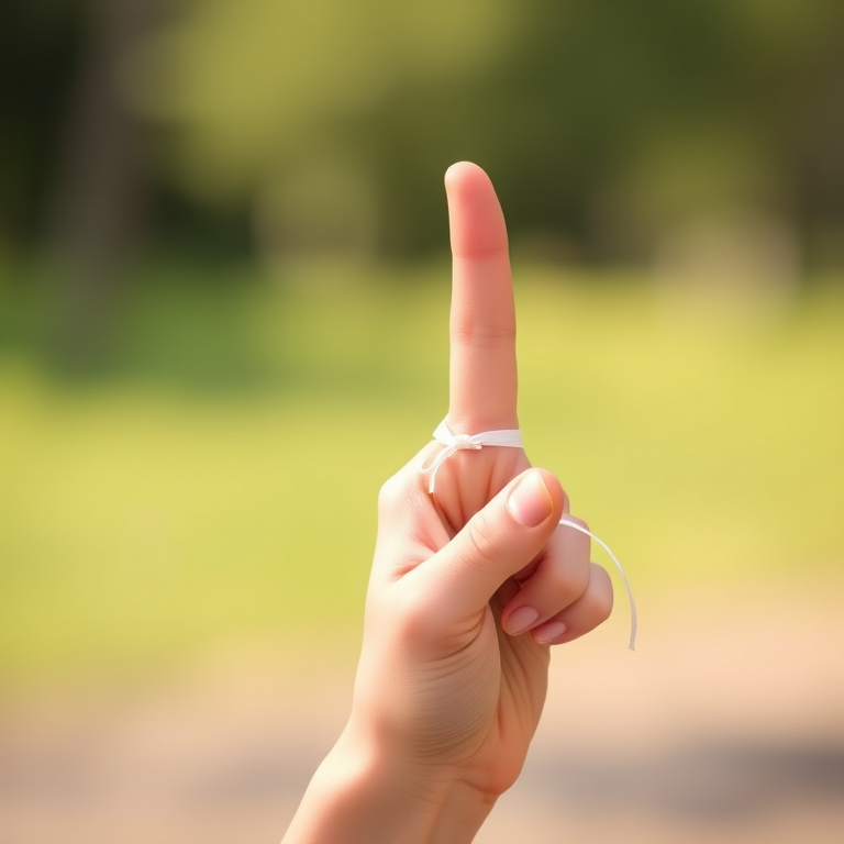 Create a high-resolution vector image of a hand with a finger pointing upwards, featuring a ribbon tied around the finger, shot in natural light with a Canon EOS 5D Mark IV, aperture f/8, shutter speed 1/125s, ISO 100, with a shallow depth of field to focus on the hand while gently blurring the background.