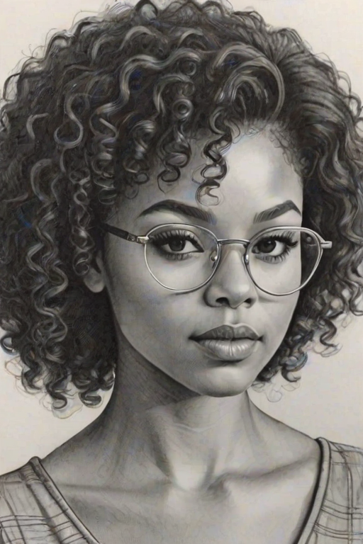 Alluring Jaz Sinclair, pencil sketch, portrait of Beauteous woman 1975s in glasses, hair style beatnik, outline, clear lines, fine lines, 8k