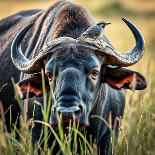 Capture a close-up of a buffalo with a bird perched on its back in tall grass under soft natural light, using a DSLR camera with a 50mm lens at f/2.8, ISO 100, and a shutter speed of 1/200s for sharp detail and depth of field.