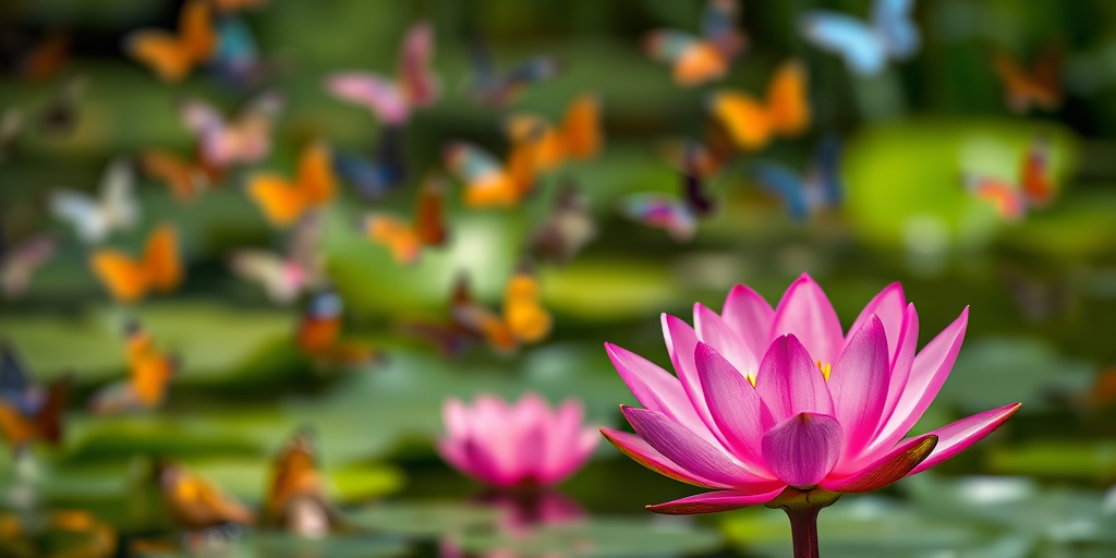 A serene water lily in the foreground with vibrant pink petals, surrounded by colorful butterflies in a softly blurred background, shot with a DSLR camera at f/2.8 aperture, 50mm lens, ISO 100, with a slight HDR effect for enhanced color depth.