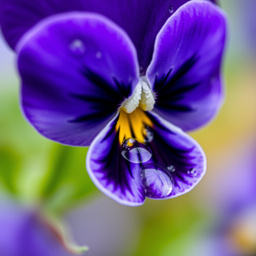 Close-up of a purple pansy flower with water droplets, macro lens, 50mm f/1.8 aperture, ISO 200, natural light, shallow depth of field, captured with a DSLR camera.