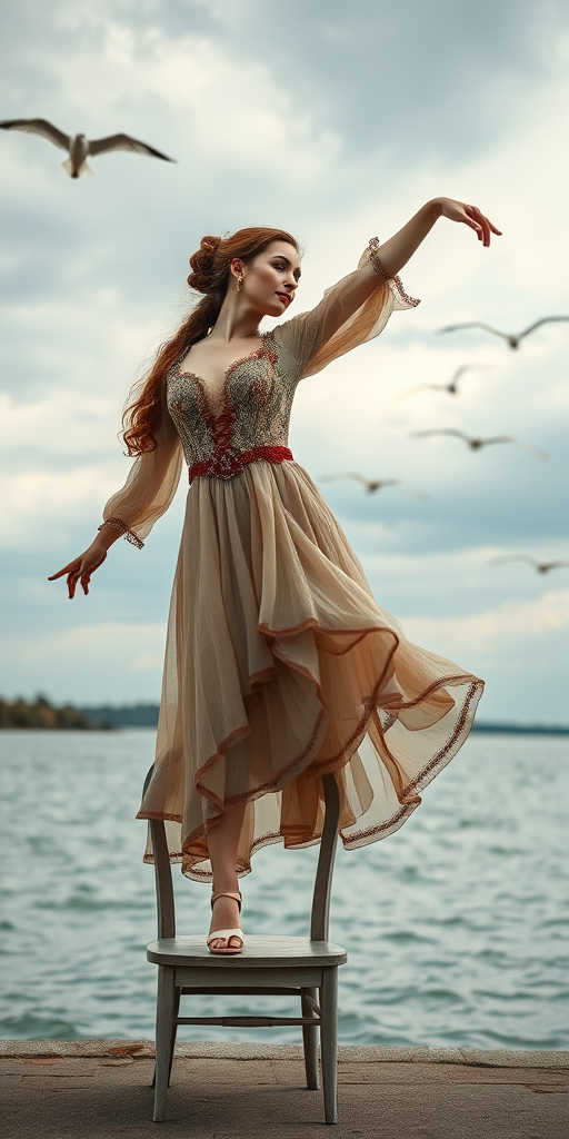 Regenerate an image of a dancer in a vintage outfit standing on a chair by the water, with a cloudy sky and birds flying in the background, using a DSLR camera with a 50mm lens, aperture f/1.8, ISO 100, 1/200s shutter speed, in portrait orientation.