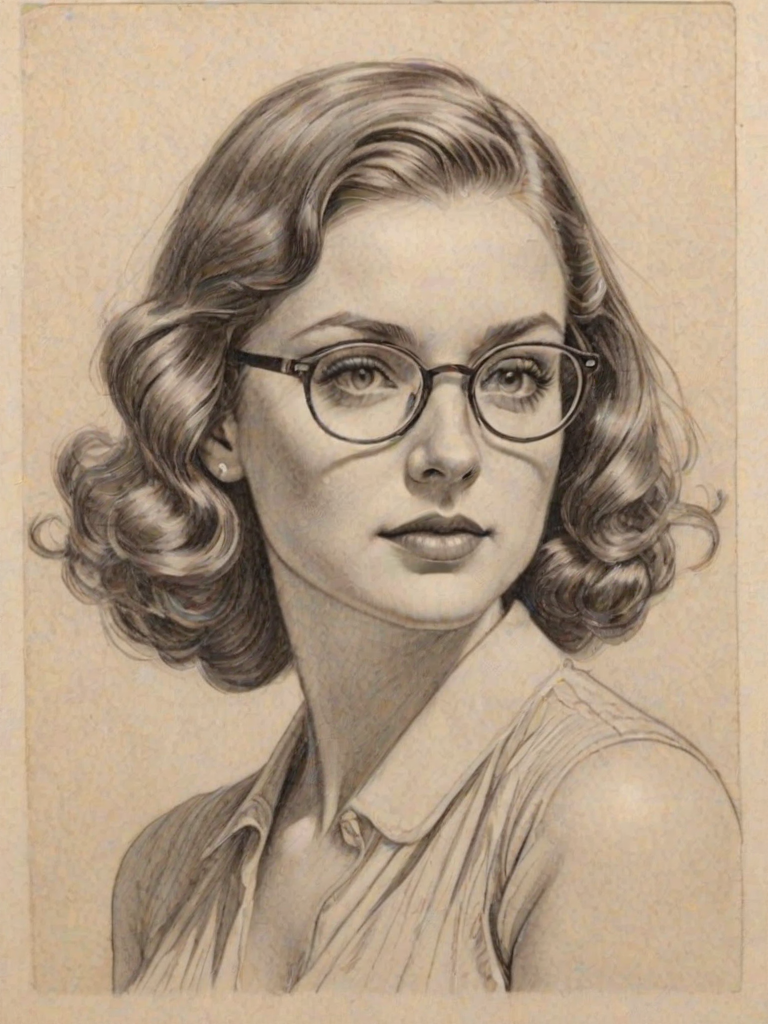 Gorgeous Daisy Edgar-Jones, pencil sketch, portrait of Enticing woman 1936s in glasses, hair style beatnik, outline, clear lines, fine lines, 8k